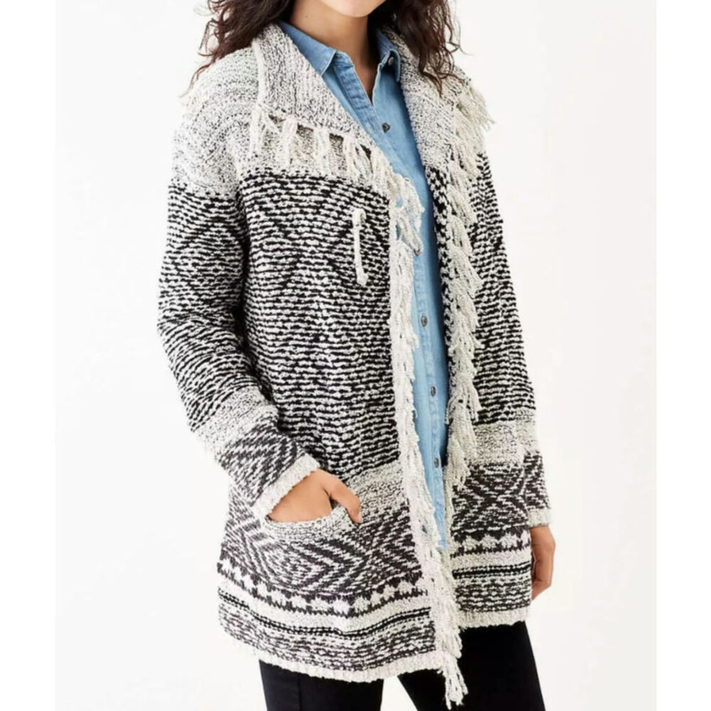 J. Jill Willow Fringe Marled Wool Blend Boho Sweater Cardigan